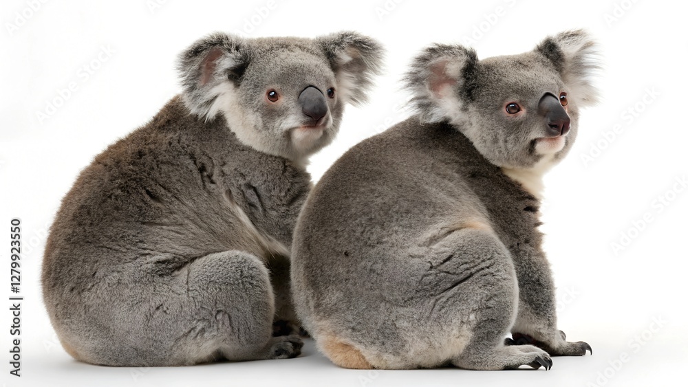 Fototapeta premium Two Adorable Koalas Sitting Together on White Background