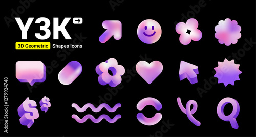 Y3K 3D Geometric Shapes Icons Set, Futuristic holographic gradient object, arrow, flower, heart, dollar, capsule, etc.