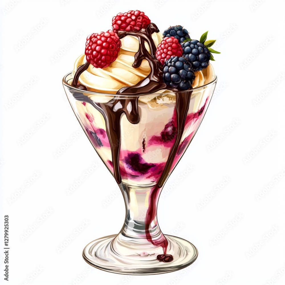 Delicious dessert with vanilla ice cream, fresh berries, chocolate syrup, and whipped cream in elegant glass bowl Delicious dessert with vanilla ice cream, fresh berries, chocolate syrup, and whipped cream in elegant glass bowl