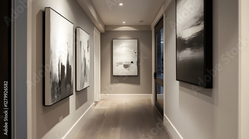 adorned with an expressive gallery wall filled with dynamic brushstroke artwork and dramatic lighting 