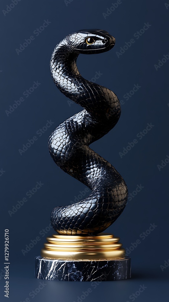 Fototapeta premium Black snake sculpture, dark background, art