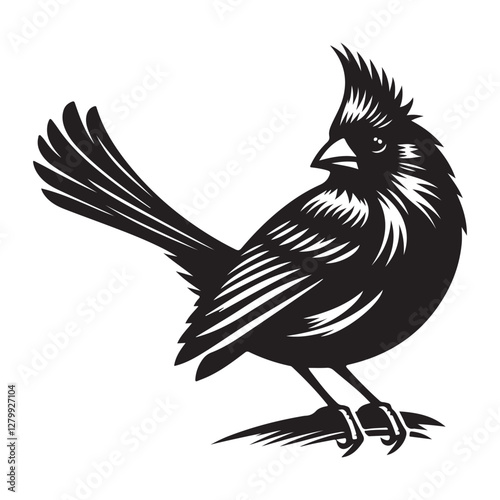 Cardinal Bird Silhouette Vector Illustration, Solid White Background.