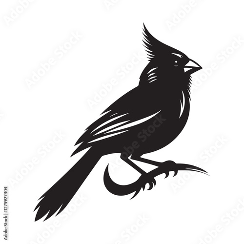Cardinal Bird Silhouette Vector Illustration, Solid White Background.