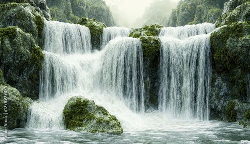Misty Waterfall Cascading Over Mossy Rocks in Lush Green Setting