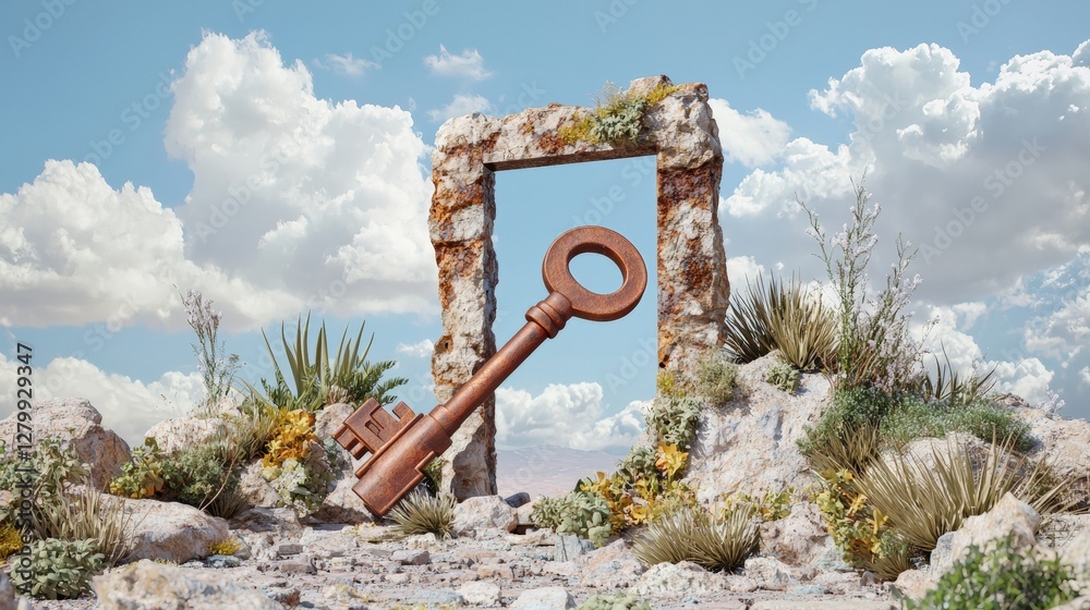 Surreal scene with a large key and stone archway in nature. Surreal scene with a large key and stone archway in nature.