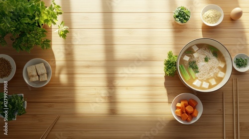 Sunny Miso Soup Preparation: A Top-Down View of Ingredients and a Bowl of Delicious Miso Soup on a Light Wooden Table