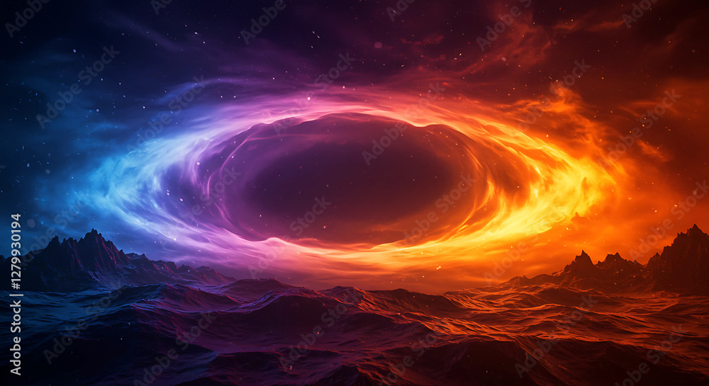 Obraz premium Cosmic Rift: Fiery Portal Against a Dual-Toned Landscape - A Dramatic Scene with a Swirling Vortex and Contrasting Warm and Cool Hues, Evoking a Sense of Power and Mystery