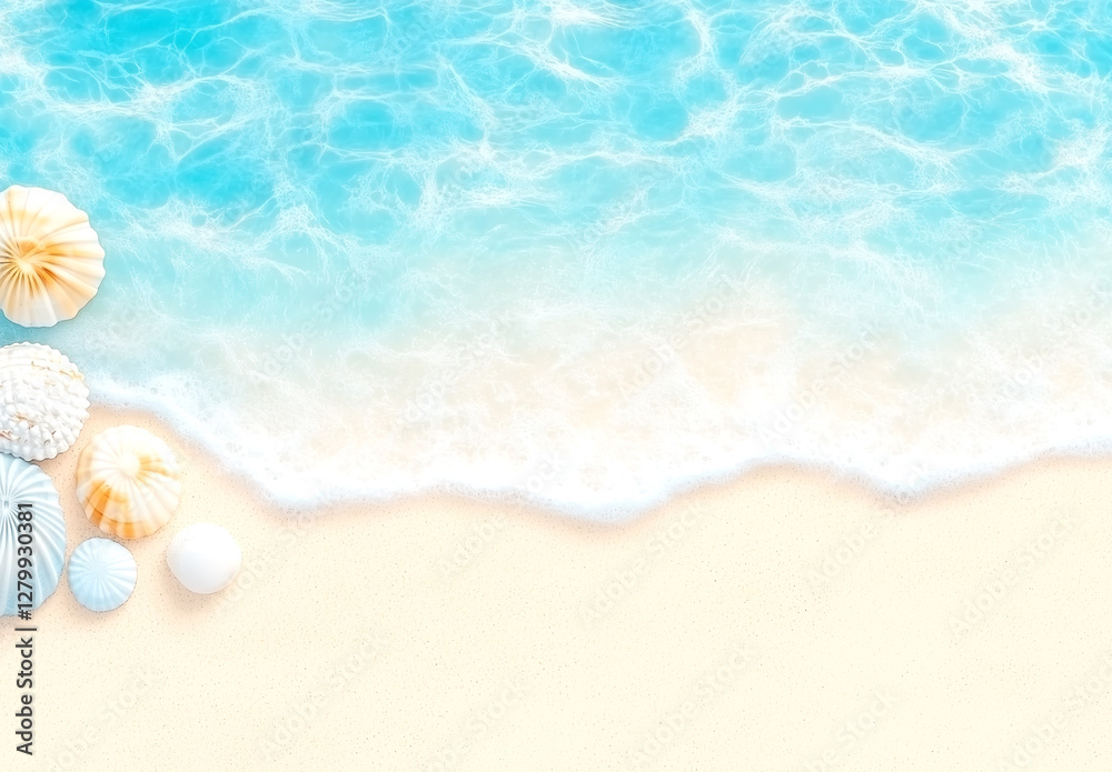 Naklejka premium Beach scene with shells and a blue ocean. The shells are scattered on the sand, and the water is calm. Concept of relaxation and tranquility, as one can imagine the sound of the waves