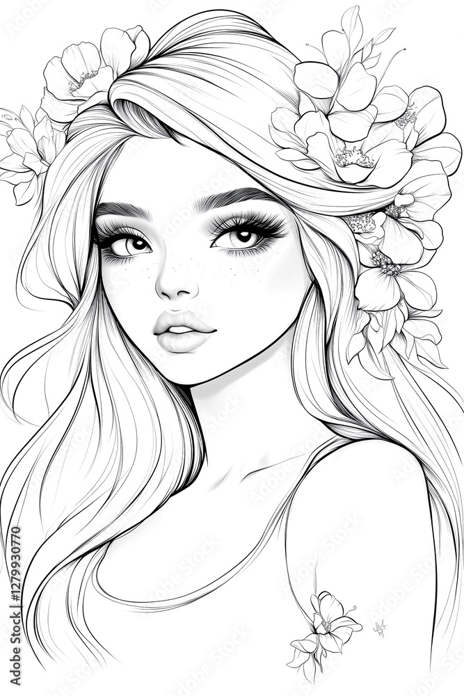 A woman with long blonde hair and a flower crown on her head. She has a very pretty and elegant look A woman with long blonde hair and a flower crown on her head. She has a very pretty and elegant look