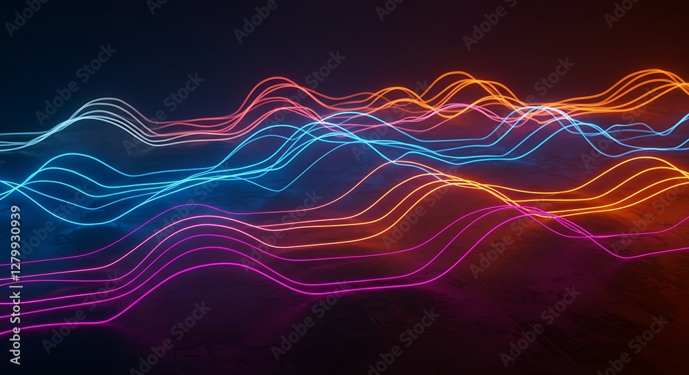 Obraz premium Abstract Wavy Lines with Neon Glow Effect in Blue Orange and Purple