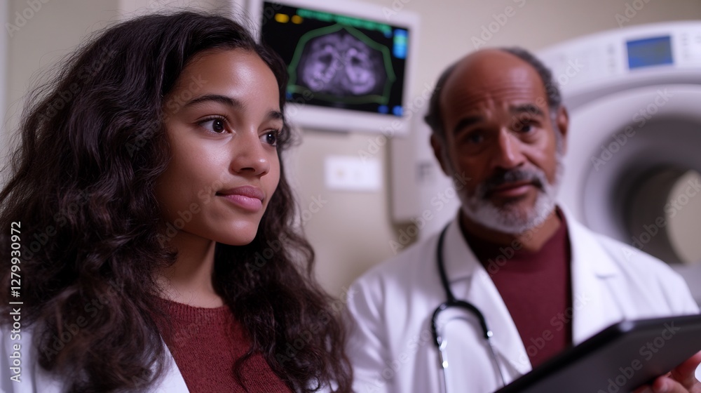 Doctor and radiologist discussing scan results in a modern hospital Doctor and radiologist discussing scan results in a modern hospital