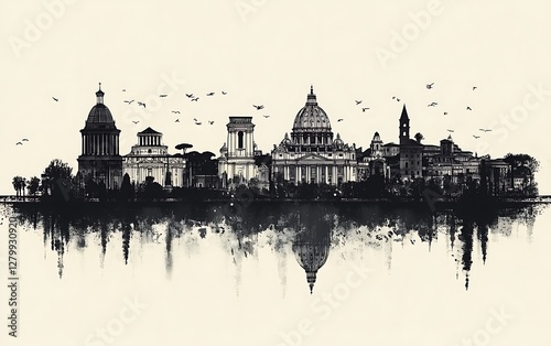 Rome skyline, architectural view, reflection, birds, tranquil