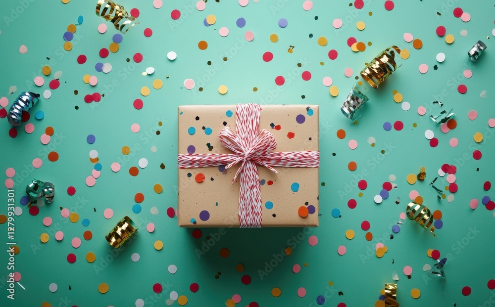 Festive Gift Box Surrounded by Colorful Confetti on a Bright Background for Celebrations and Special Occasions Festive Gift Box Surrounded by Colorful Confetti on a Bright Background for Celebrations and Special Occasions