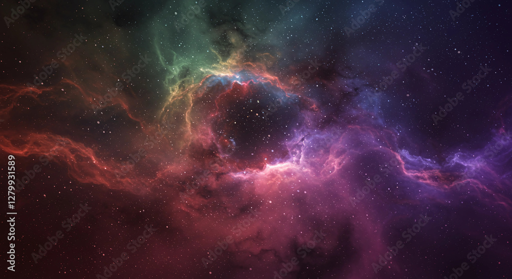 Fototapeta premium Chromatic Cosmos: Nebulous Clouds and Twisting Tendrils - A Vibrant Galaxy with Swirls of Red, Green, and Purple, Evoking the Majesty and Mystery of the Universe