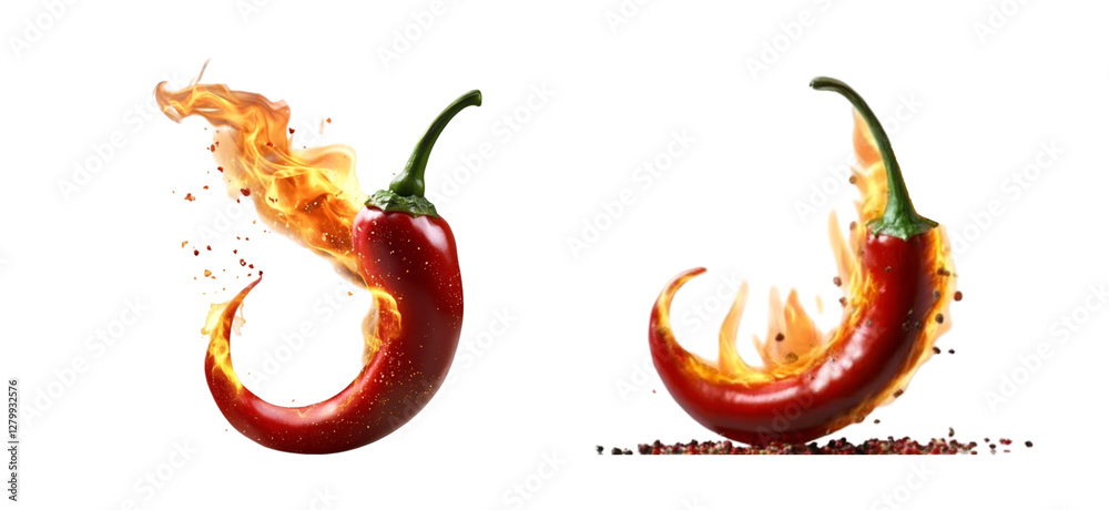 Chili pepper with burning flame isolated on white background
