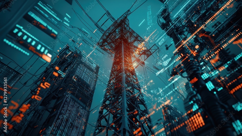 Obraz premium Futuristic Electric Tower with Digital Data Overlay at Night