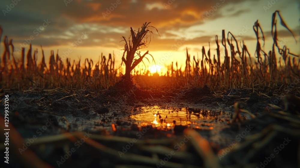 Drought-Stricken Field with Dying Crops under a Dramatic Sunset Drought-Stricken Field with Dying Crops under a Dramatic Sunset