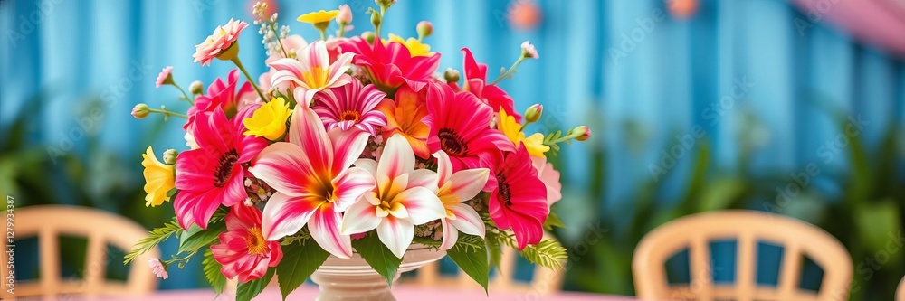 Blue and pink flower arrangement on blue pedestal, decoration, flowers, design Blue and pink flower arrangement on blue pedestal, decoration, flowers, design