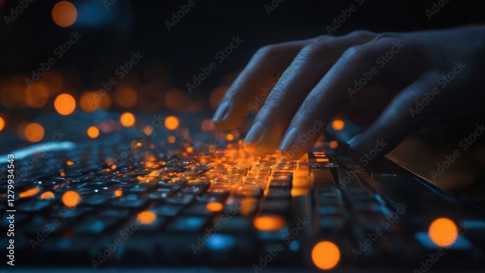 Futuristic Technology: CloseUp of Hand Typing on Glowing Keyboard with Data Network Design on Dark Blurred Background Futuristic Technology: CloseUp of Hand Typing on Glowing Keyboard with Data Network Design on Dark Blurred Background