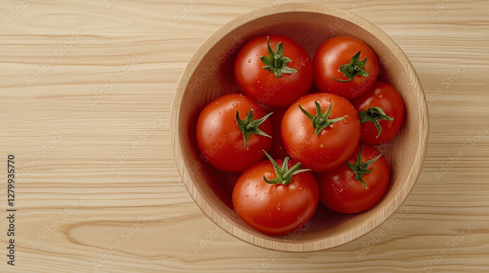 Overhead View of Red Cherry Tomatoes in Wooden Bowl on Light Wood Overhead View of Red Cherry Tomatoes in Wooden Bowl on Light Wood