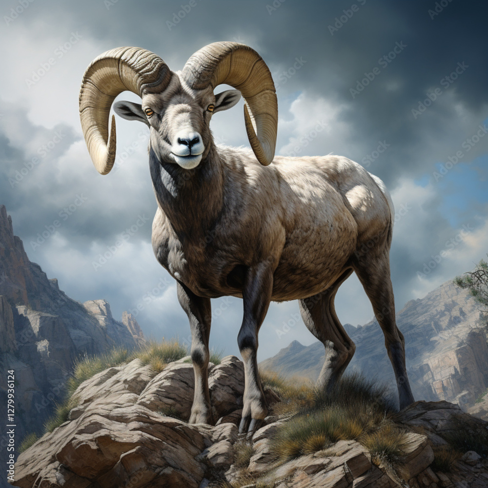 Bighorn Sheep standing in a mountain landscape. Animal front portrait. Bighorn Sheep standing in a mountain landscape. Animal front portrait.
