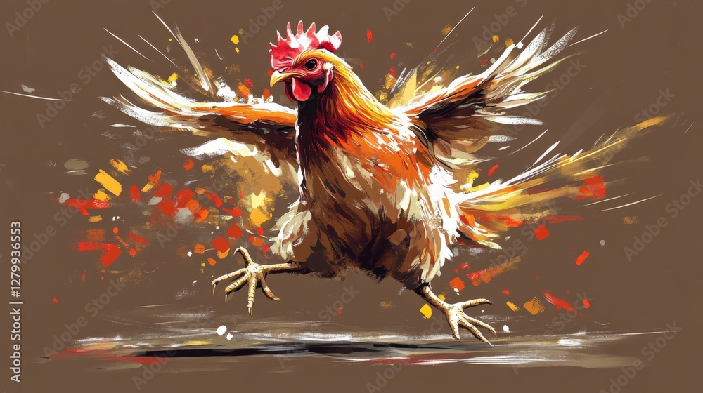Fototapeta premium Vibrant illustration of a chicken in mid-flight with dynamic splashes of color in the background