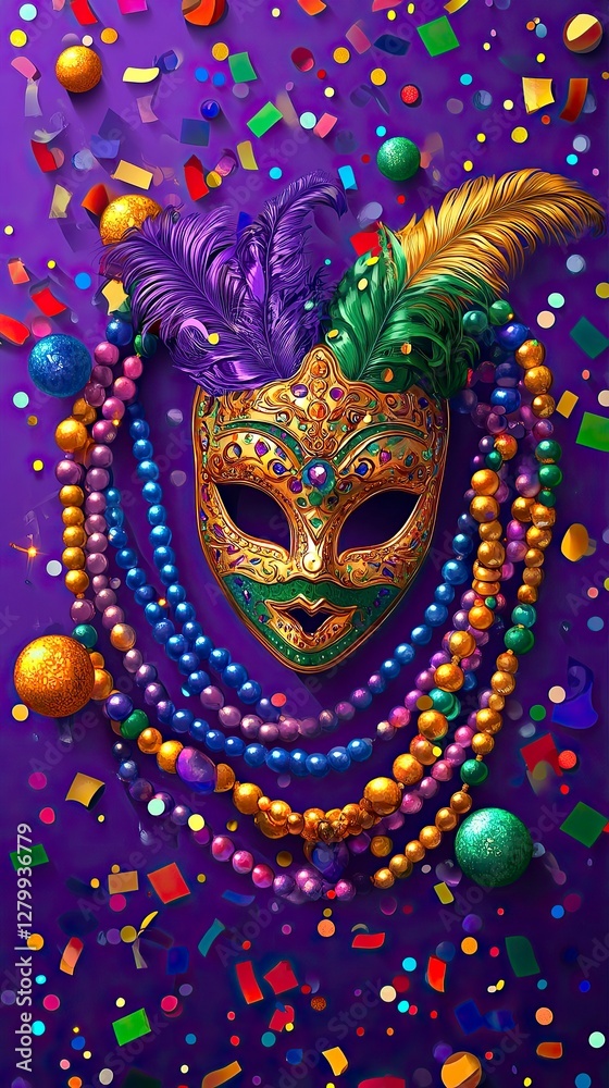 Naklejka premium Bead Necklaces and Mardi Gras Mask Flat Lay, Mardi Gras 