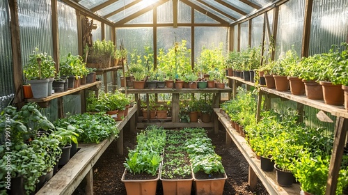 A greenhouse sanctuary.  The rich tapestry of greenery and the warm light invite a moment of peace and reflection.  A place to reconnect with nature photo