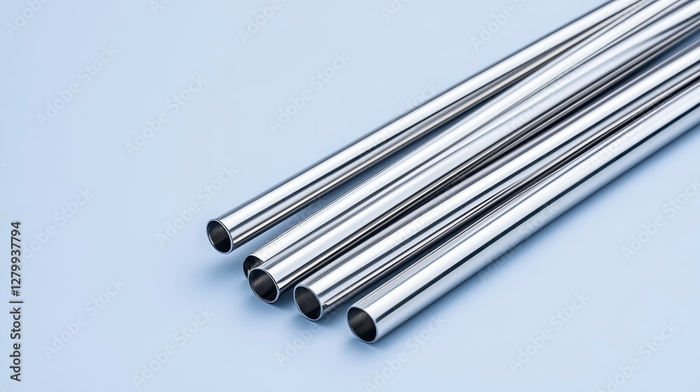 Metallic Tubes Stacked on Light Blue Surface for Industrial Use Metallic Tubes Stacked on Light Blue Surface for Industrial Use