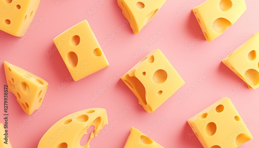 Cheese slice yellow with holes surface pattern on pink background Cheese slice yellow with holes surface pattern on pink background