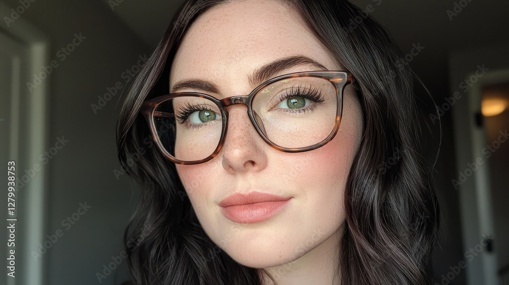 A selfie of an attractive woman with dark hair and glasses, wearing large, rectangular-framed brown eyeglasses, generative AI A selfie of an attractive woman with dark hair and glasses, wearing large, rectangular-framed brown eyeglasses, generative AI
