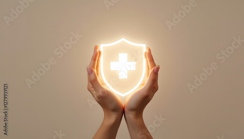 Hands Holding Glowing Medical Shield Symbolizing Protection and Healthcare