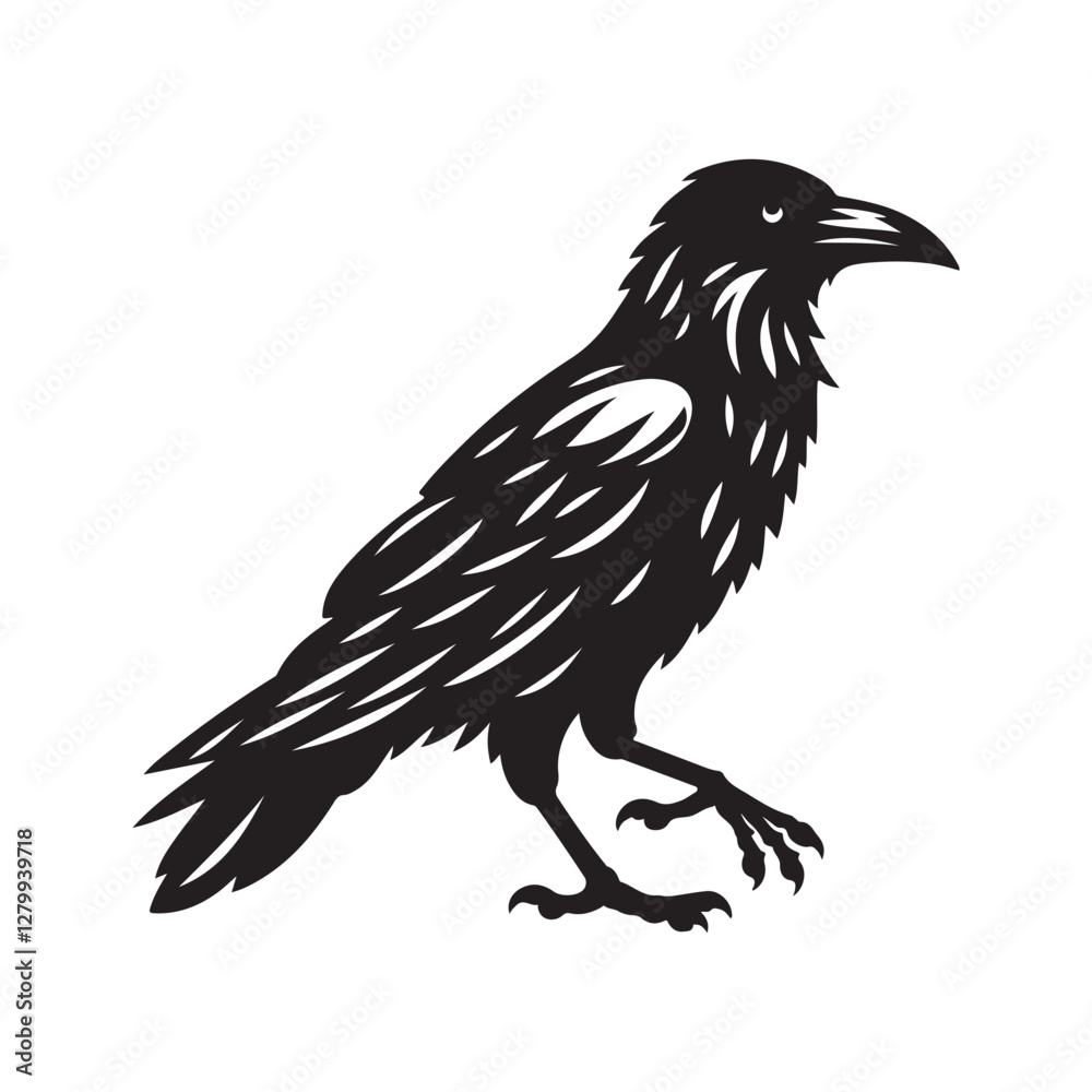 Fototapeta premium Crow Bird Silhouette Vector Illustration, Solid White Background.