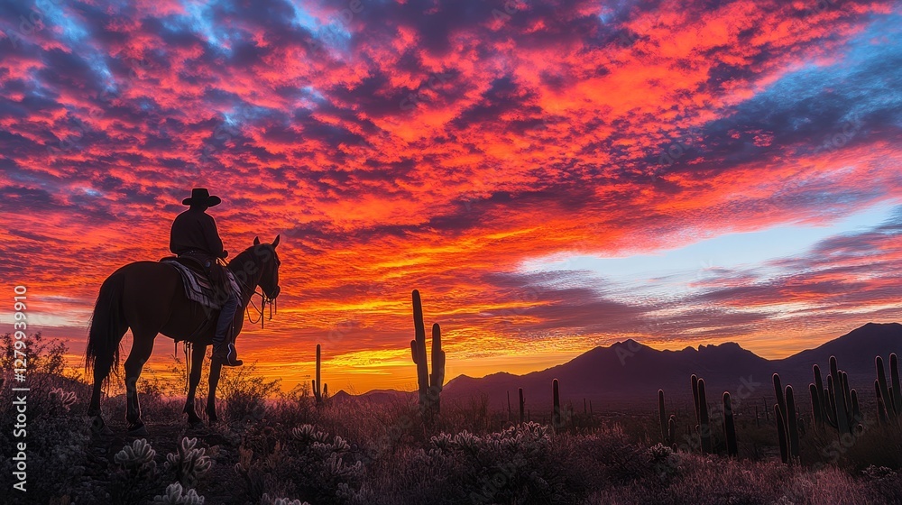 Fototapeta premium dramatic desert sunset with a silhouette of cacti, a lone rider on horseback, and the sky ablaze with fiery colors, Generative AI