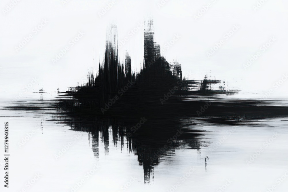 Fototapeta premium Abstract black ink splatter resembling a city skyline reflected in water.
