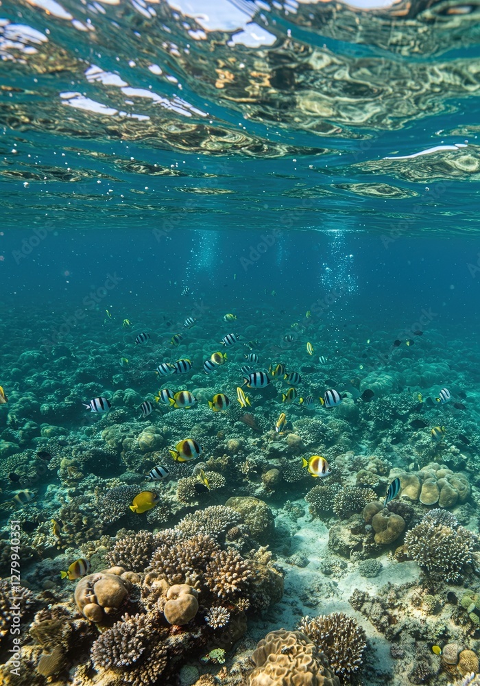 Naklejka premium Fish Swimming Over Coral Reef Underwater Serenity & Depth