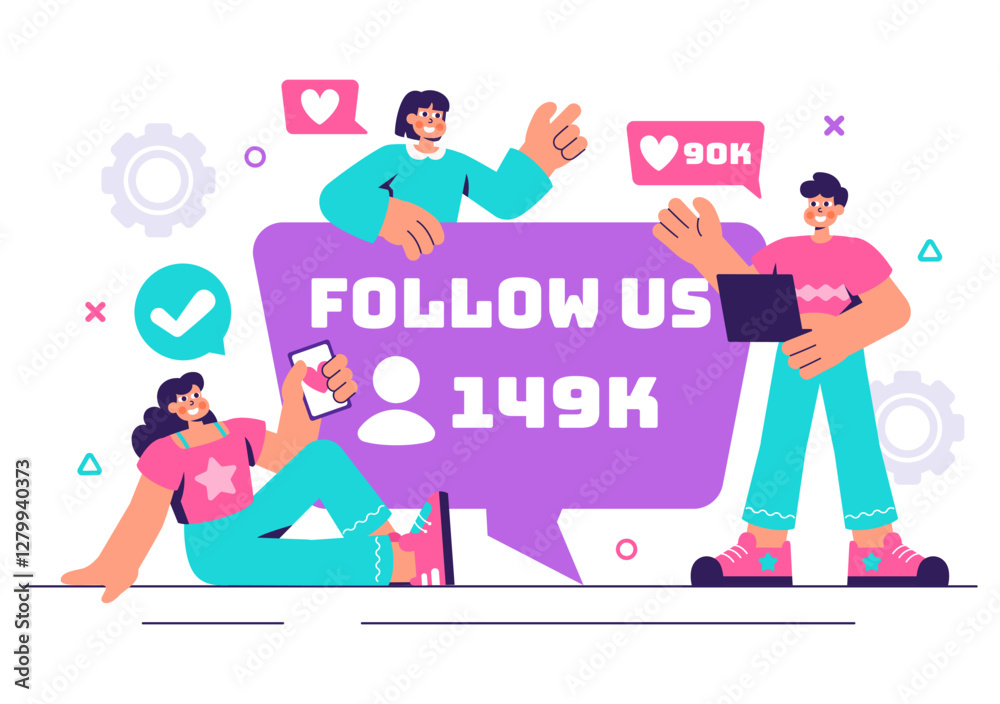 Follow Us and Like Vector Illustration for Social Media Advertisements, Featuring Users Engaging with an Interesting Page to Gain Followers Follow Us and Like Vector Illustration for Social Media Advertisements, Featuring Users Engaging with an Interesting Page to Gain Followers
