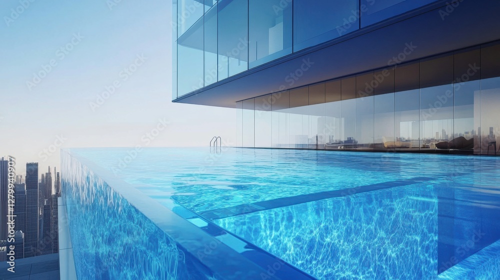 Obraz premium A luxurious swimming pool enclosed in a transparent glass tank, filled with crystal-clear water, reflecting the blue sky and surrounding modern architecture.