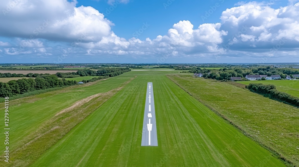 Aerial View of an Open Runway Surrounded by Lush Green Landscape Aerial View of an Open Runway Surrounded by Lush Green Landscape