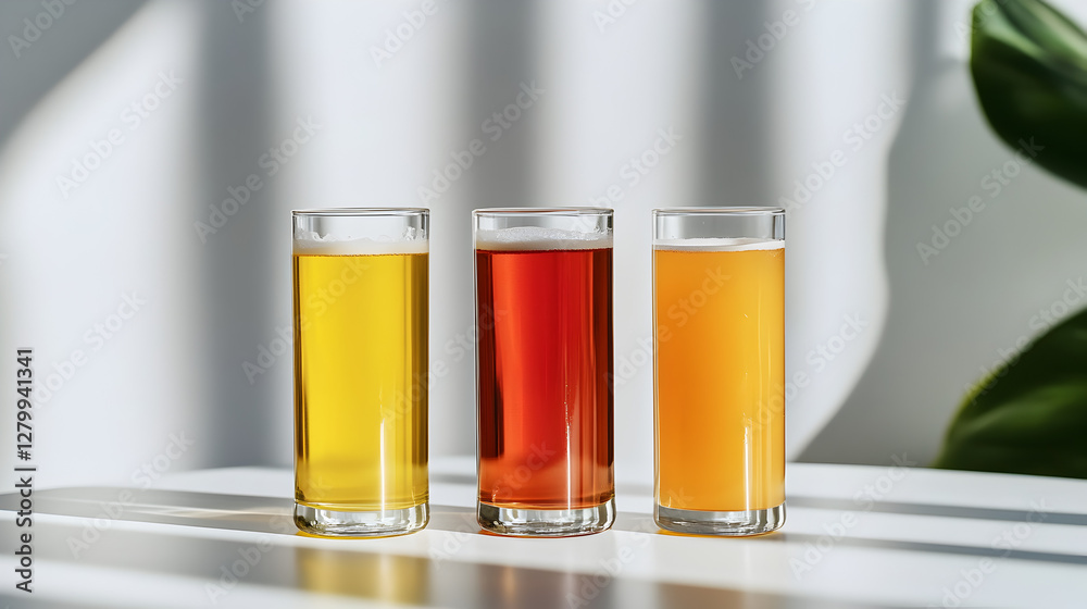 arrangement of three glasses filled with different detox drinks, symmetrically placed on a table arrangement of three glasses filled with different detox drinks, symmetrically placed on a table