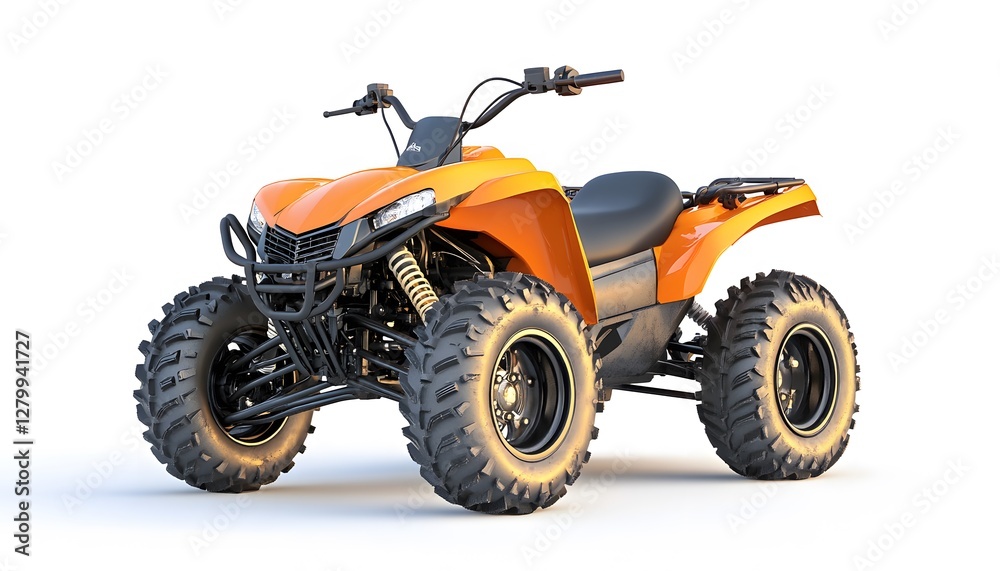 An orange all terrain vehicle is photographed on a white background An orange all terrain vehicle is photographed on a white background