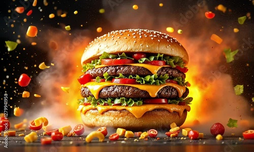 Double Cheeseburger with Flaming Explosion and Flying Ingredients
