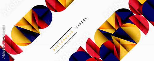 Abstract geometric pattern with intersecting circles and triangles in gradients. The high-contrast composition creates depth and a dynamic, modern aesthetic