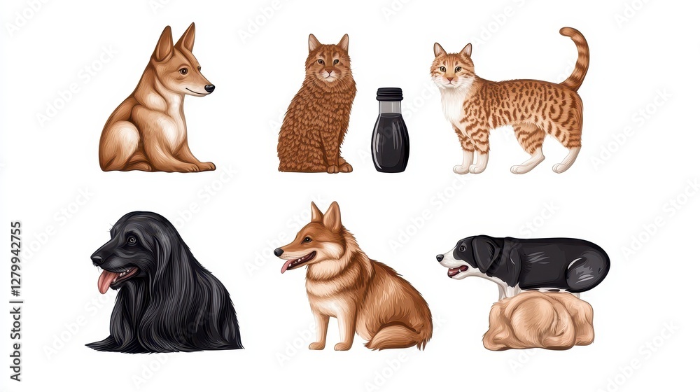 Obraz premium Pixel Art Illustration Of Six Pets Dogs And Cats In A Simple Style