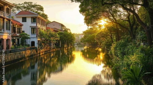 A serene city canal surrounded by historic buildings and lush greenery, reflecting the golden evening light on the calm water.