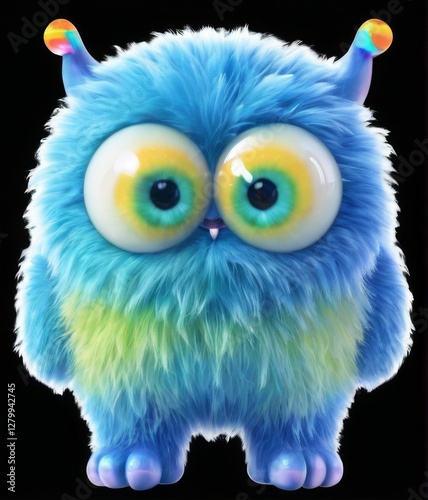 Blue Furry Creature with Round Eyes and Horns on Black Background  Digital Illustration with Rainbowcolored Fur.