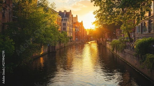 A serene city canal surrounded by historic buildings and lush greenery, reflecting the golden evening light on the calm water.