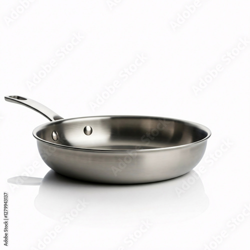 crome and iron Frying pan isolated on white background. front view