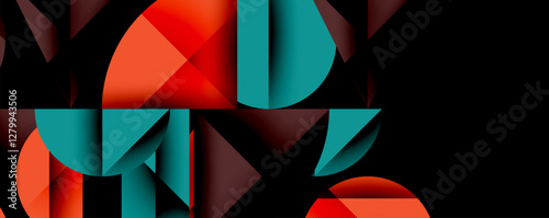 Abstract geometric background with layered gradient shapes forming dynamic patterns. Overlapping semi circles and triangles create depth and contrast