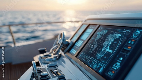 A luxurious and technologically advanced yacht equipped with an AI powered holographic navigation system sailing across the open waters at sunset